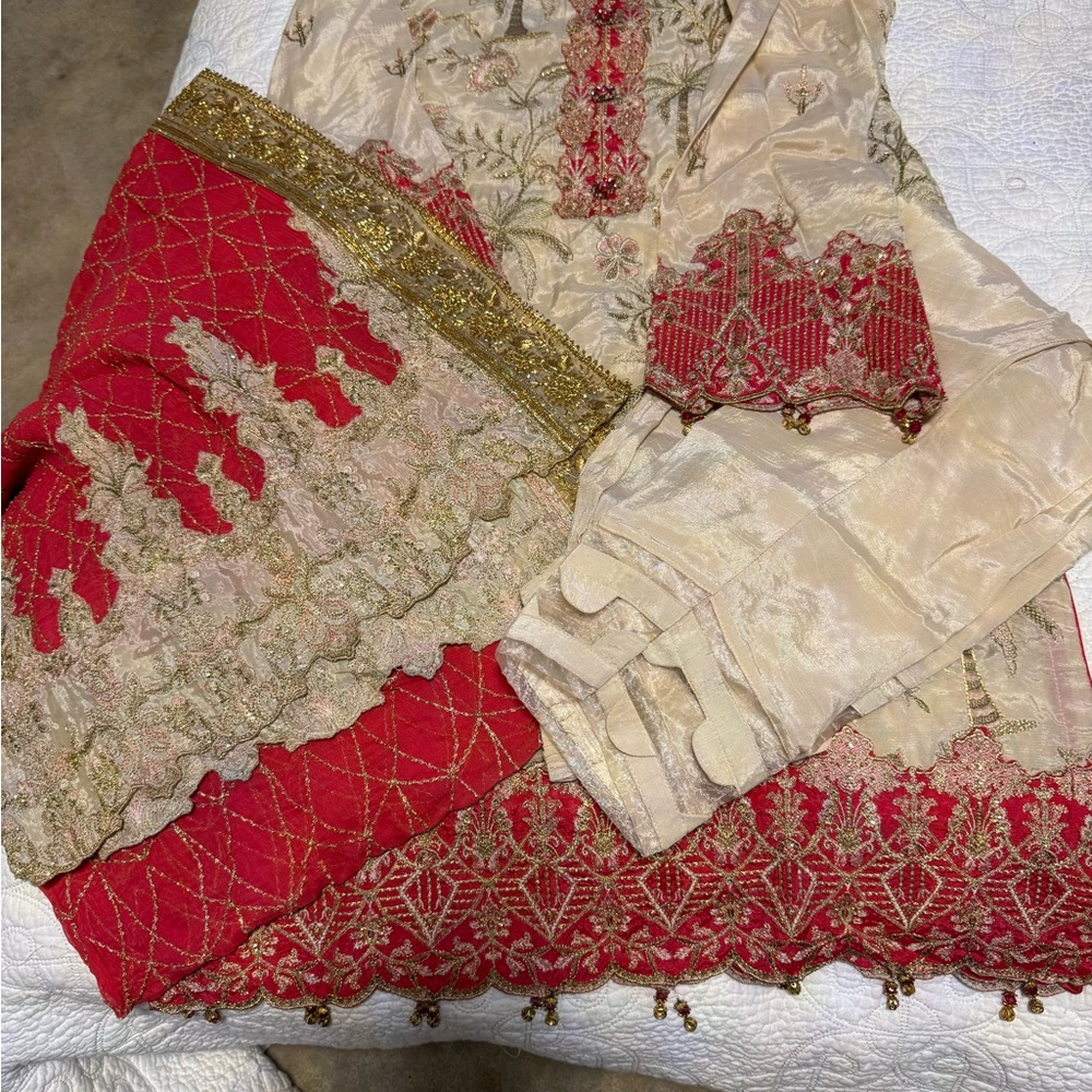 Elegant Cream and Red Embroidered Women Kameeze Trouser and Dupatta
